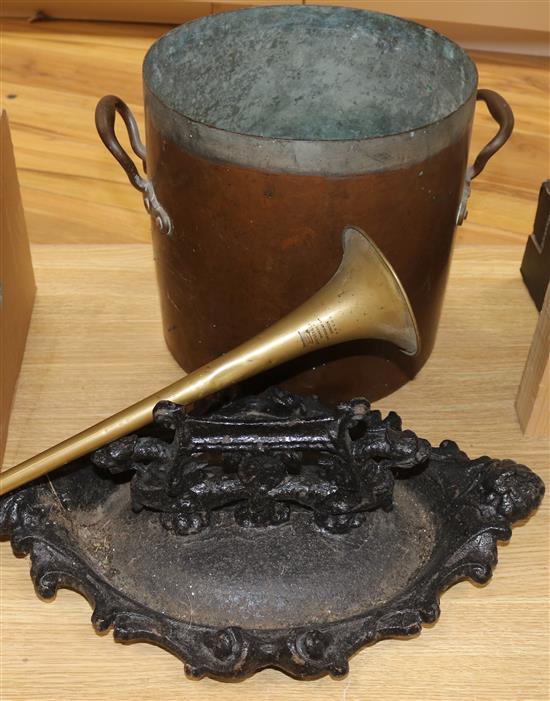 A Boosey & Co coaching horn, a cast iron bootscraper and a copper pan